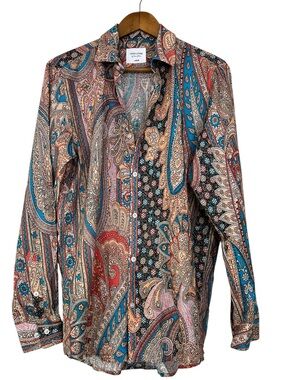 Ranee's Men's Mixed Print Linen Blend Bohemian Resort Wear Button Up Shirt L